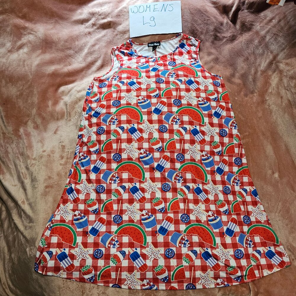 Womens L Red White Blue Summer Picnic Treats Sleeveless Pullover Dress NWOT